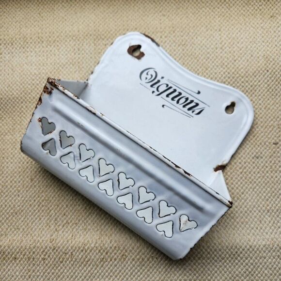 Antique French Enamelware Onion Oignons Bin Wall Container Black White Vintage - Picture 1 of 10